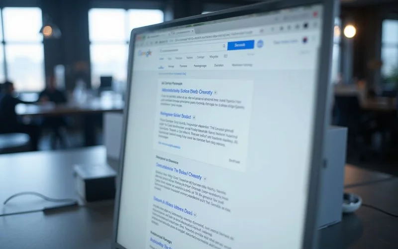 Close-up of a Google search results page showing an AI Overview panel at the top with expandable sections and cited source links below
