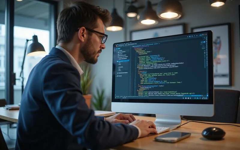Developer implementing schema markup code on a website with structured data testing tool showing successful validation results