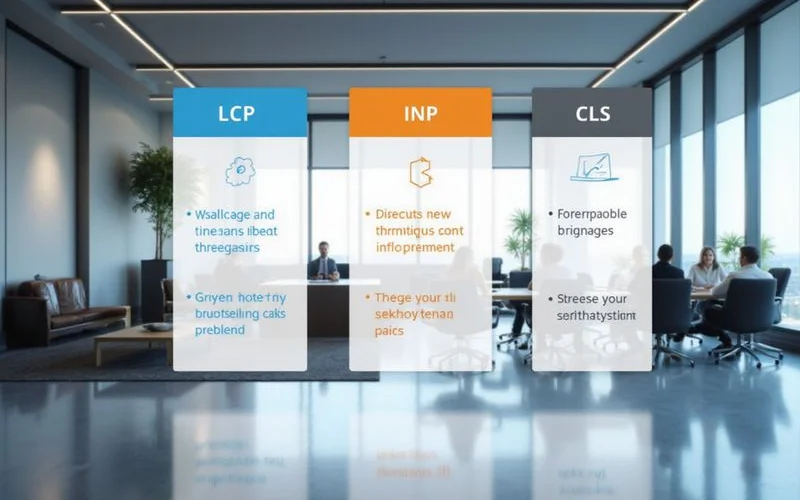 Infographic showing the three Core Web Vitals metrics LCP INP and CLS with their threshold values and simple visual representations of what each measures
