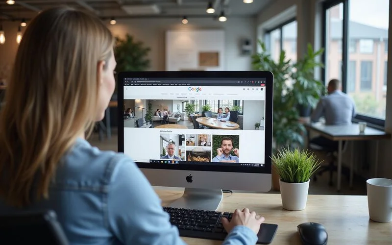 Business owner uploading professional quality photos to Google Business Profile on a desktop computer showing storefront and team images