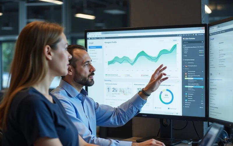 Nekko Digital team reviewing local SEO analytics dashboard showing Google Maps rankings and business profile performance metrics