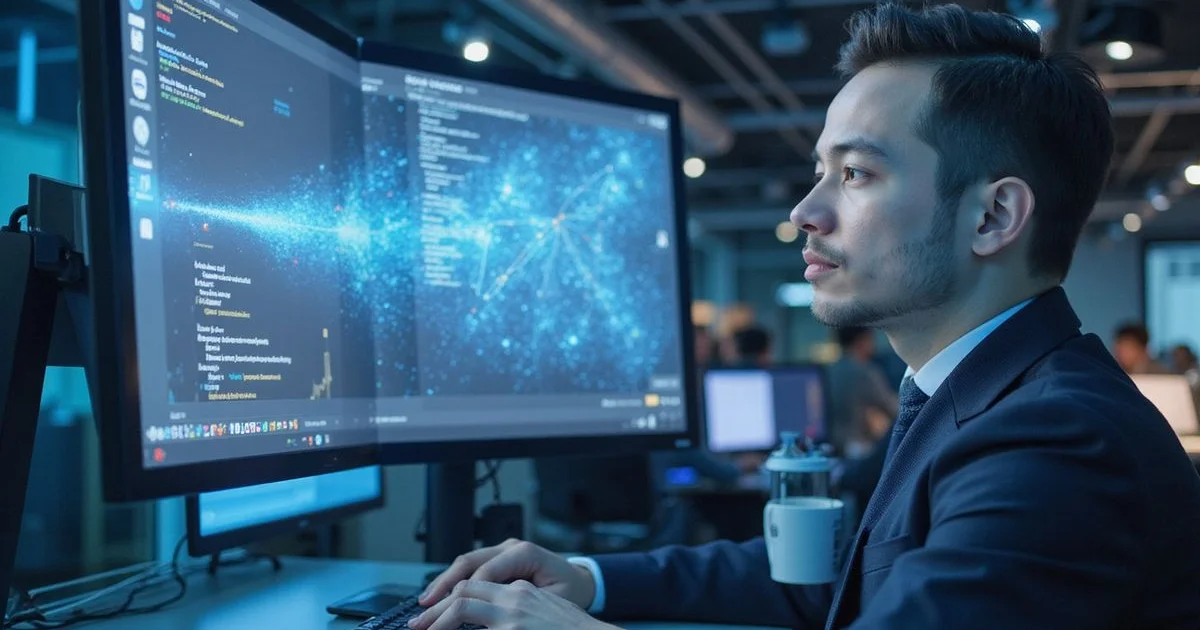 Futuristic visualization of AI processing web content to generate search answers and citations