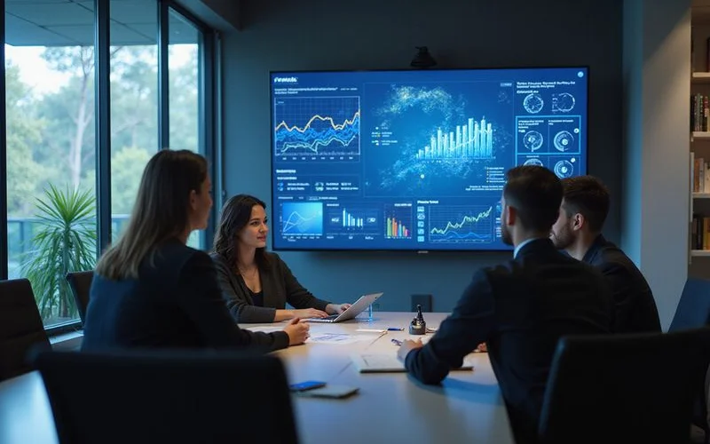 Professional team planning a generative engine optimization strategy with charts and AI search data on a conference room screen