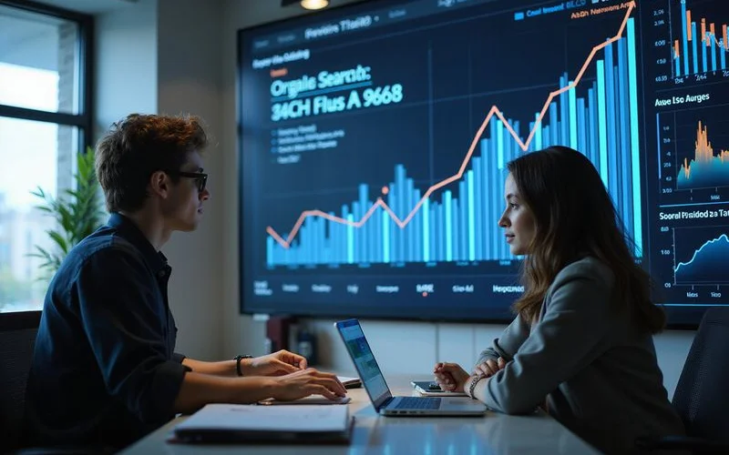 Marketing team analyzing organic search traffic data on a large screen showing keyword rankings and traffic growth charts
