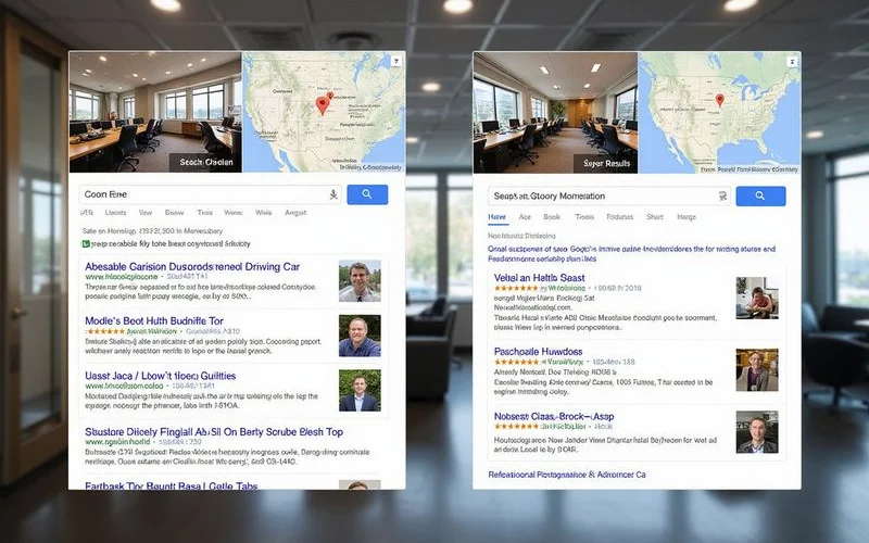 Side by side comparison of local SEO Google Maps three-pack results and traditional organic search engine results page listings