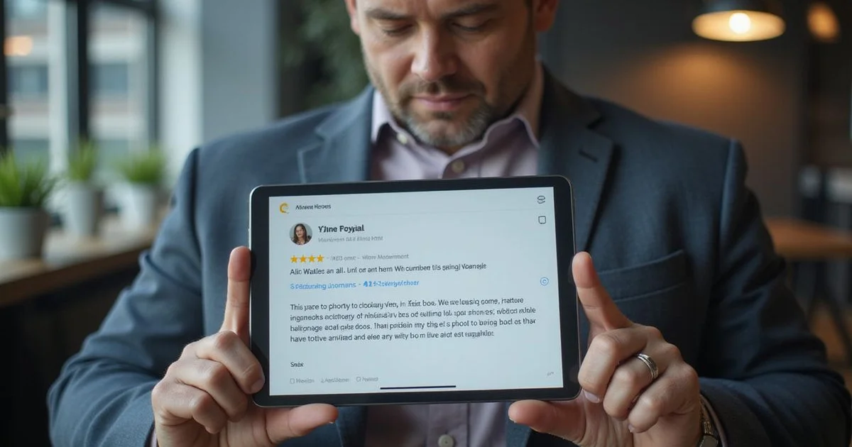 Business owner reading five-star Google reviews on a tablet with positive customer feedback