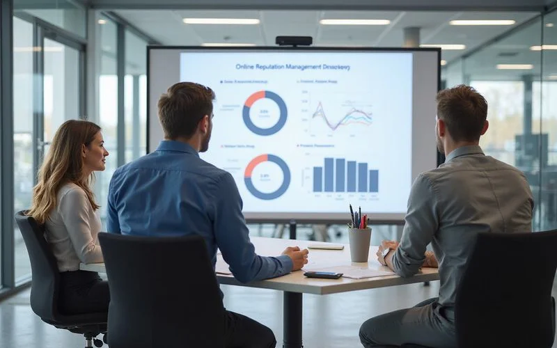 Team meeting discussing online reputation management strategy with review data displayed on a whiteboard in a bright office