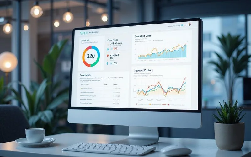 SEO audit dashboard showing website health score, crawl errors, page speed metrics, and keyword ranking positions with color-coded priority indicators