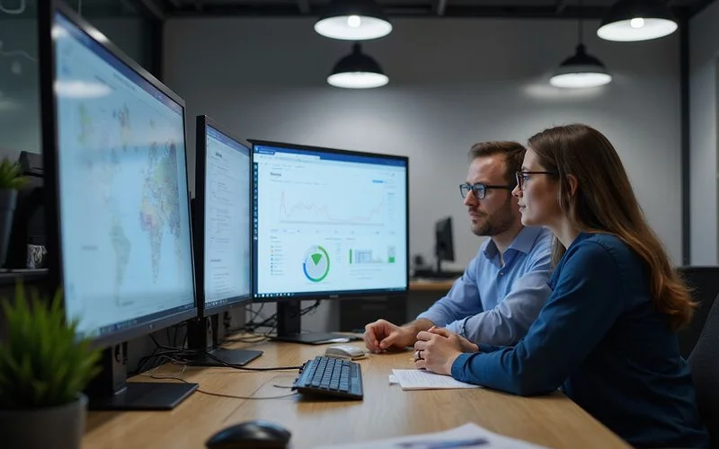 Professional marketing team collaborating on an integrated SEO and GEO strategy with dual monitors showing traditional and AI search analytics