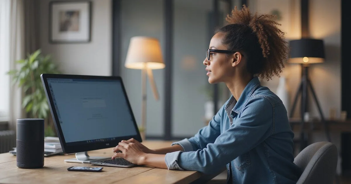 Person speaking to a smart speaker voice assistant in a modern home environment
