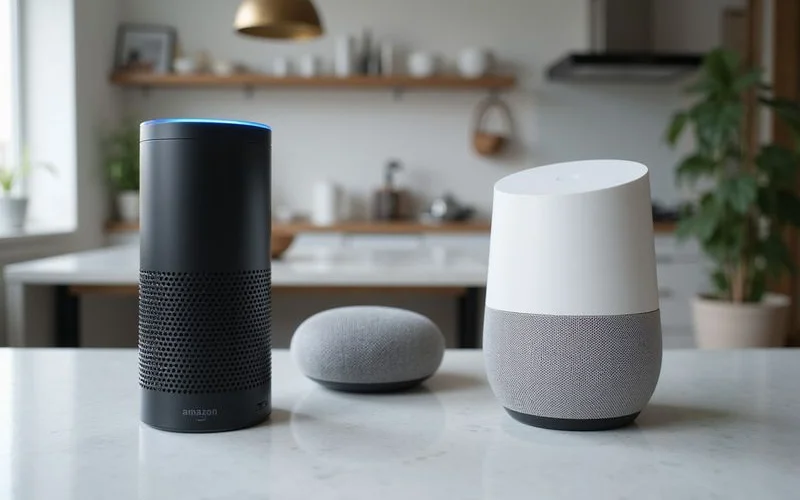 Smart home setup with multiple voice-activated devices including Amazon Echo Google Home and Apple HomePod on a kitchen counter