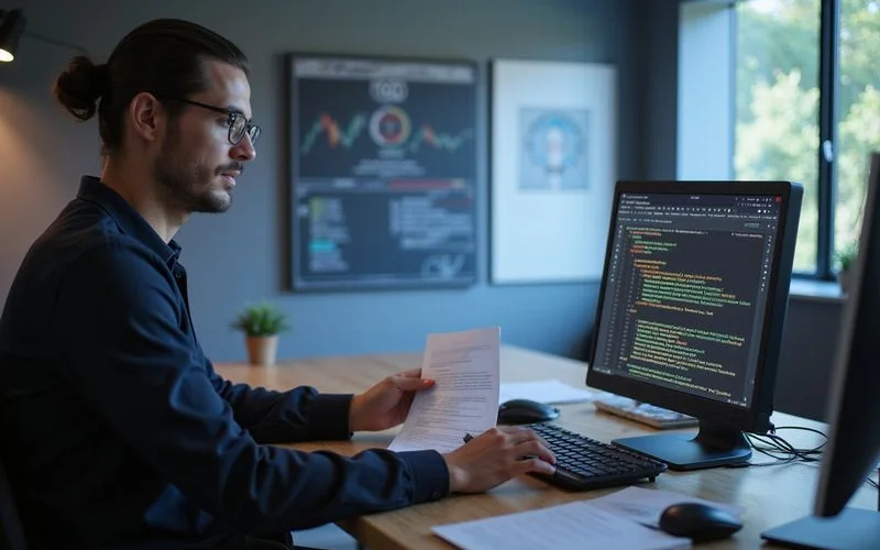 Professional writer creating SEO-optimized content for a business blog post with keyword research data visible on second monitor