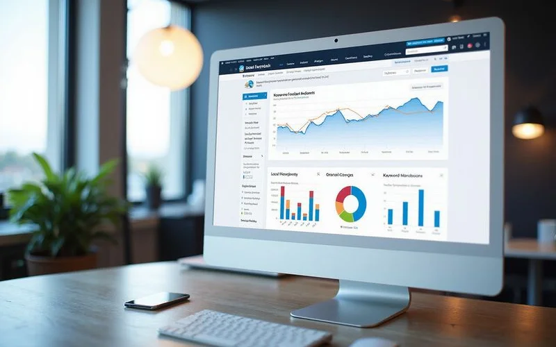 Local SEO analytics dashboard showing Honolulu business rankings, keyword positions, and local search visibility metrics with growth charts