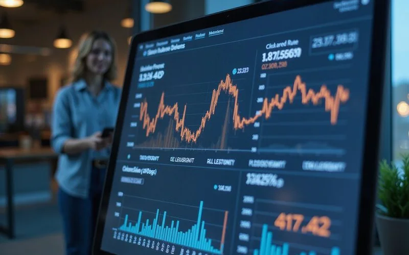 Social media campaign performance dashboard showing ad impressions, click-through rates, and conversion data across platforms
