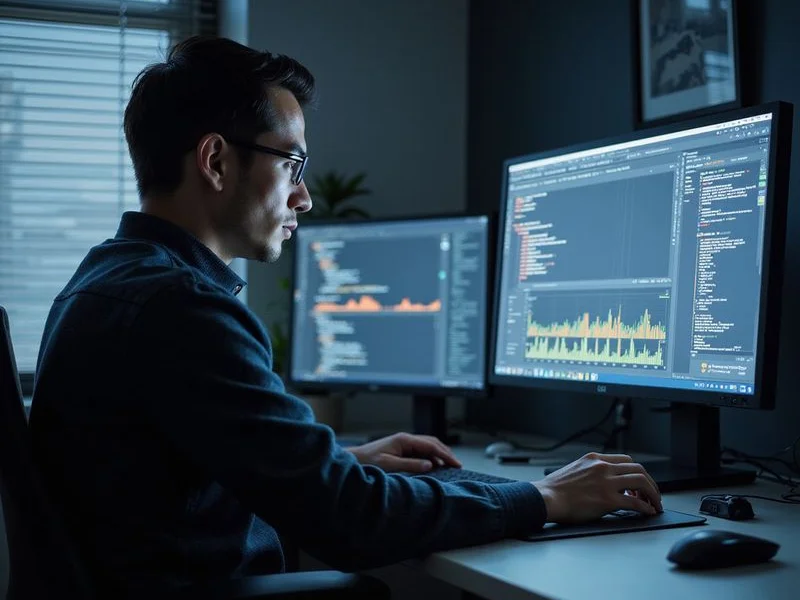 Developer analyzing technical SEO metrics and website performance data